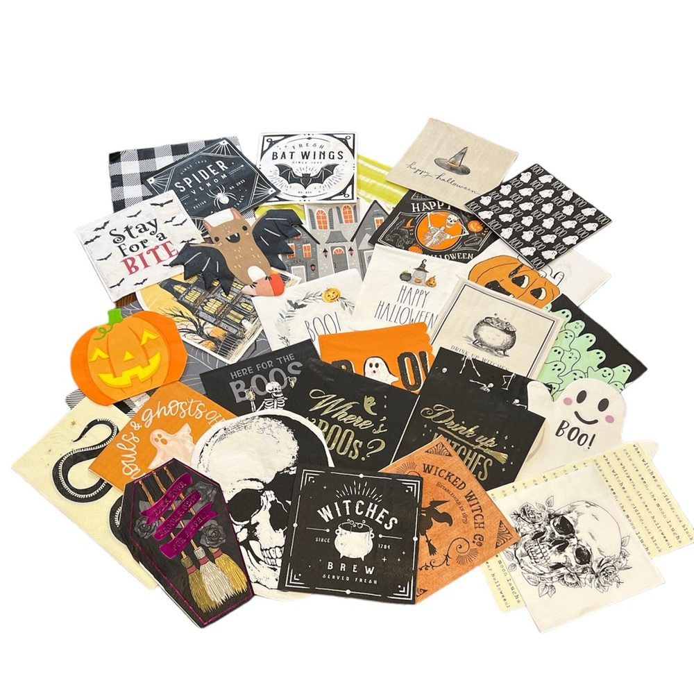 An assortment of 33 different napkins for Halloween entertaining